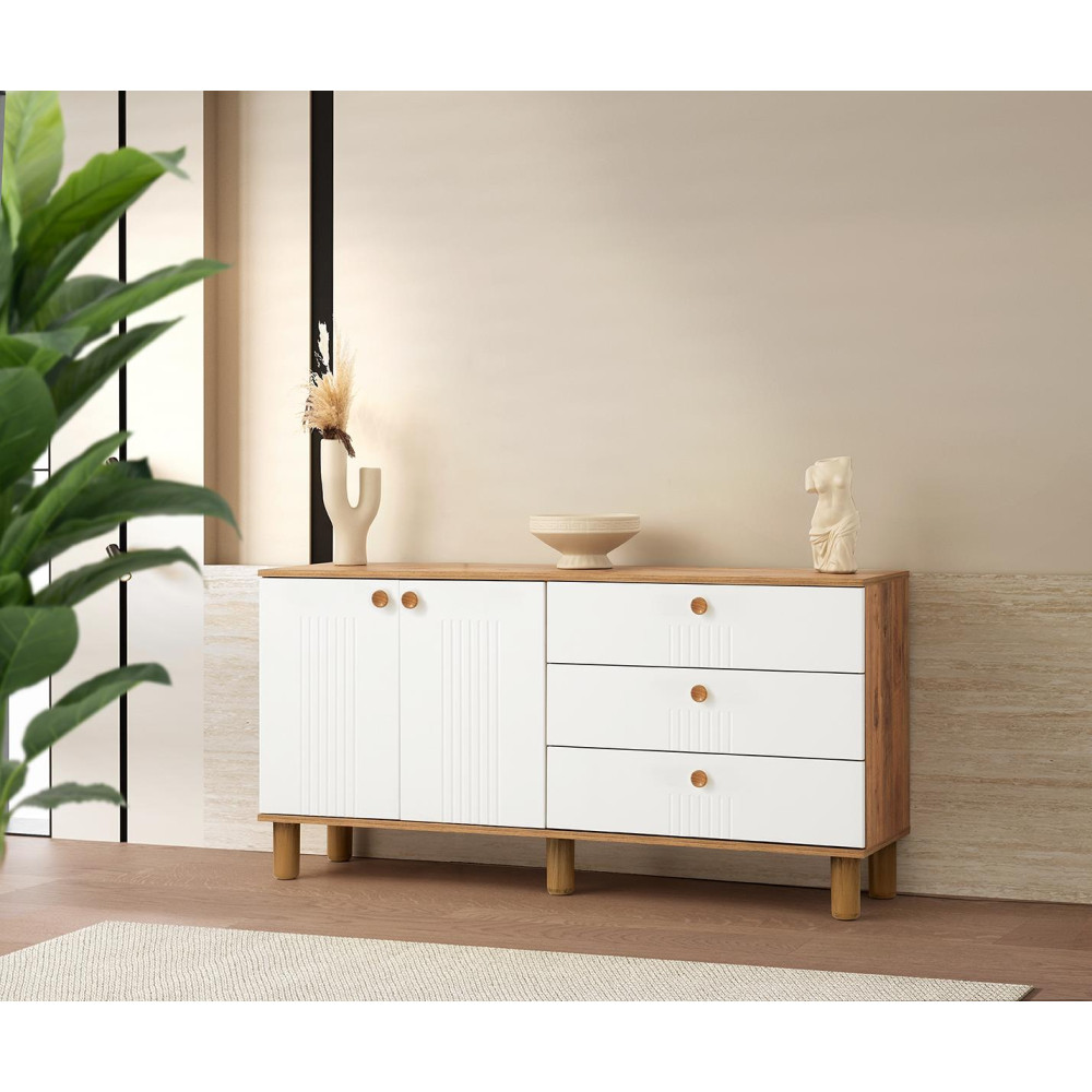 SAG Komod YAKAMO – këmbë druri / bardhë & natyrale