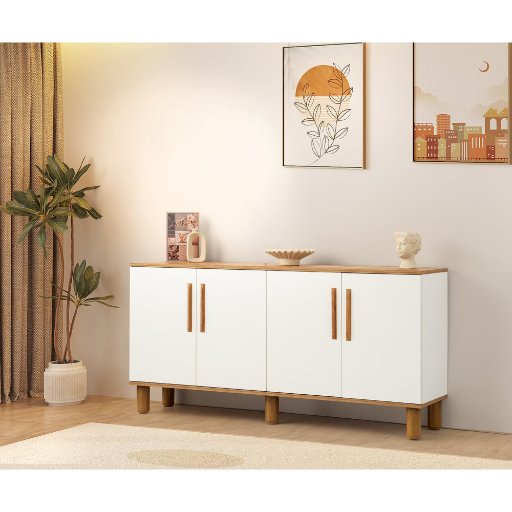 SAG Komod FERA – këmbë druri / bardhë & natyrale