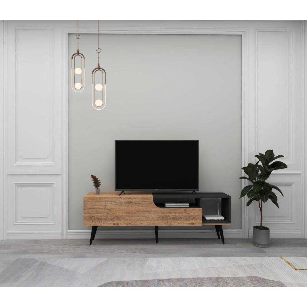 SAG Komoda TV – Drrasë melamin ngjyrë dru natyral & e zezë