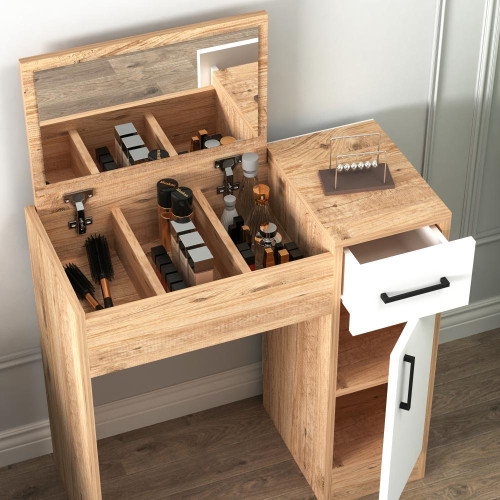 SAG Tavolinë grimimi – Drrasë melamin dru natyral & e bardhë