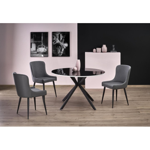Tavolinë Moderne Rrethore me Xham të Zi dhe Këmbë Metalike – Elegancë & Cilësi