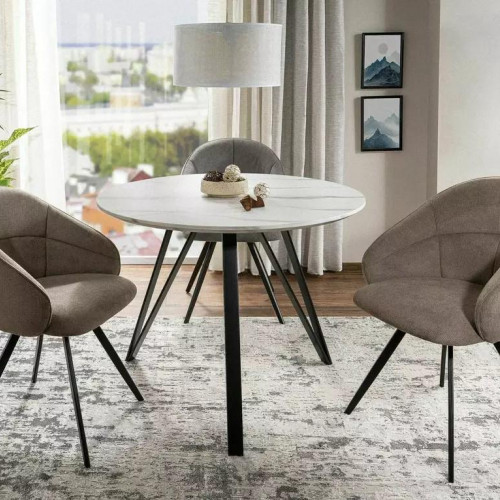 Tavolinë Rrethore me Sipërfaqe Efekt Mermeri & Këmbë Metalike – Minimalizëm & Elegancë