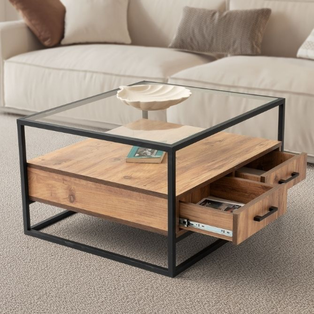 Tavolinë mesi SAG Patra – Xham / Drrasë / Strukturë e zezë Tavolinë mesi SAG Patra – Xham / Drrasë / Strukturë e zezë