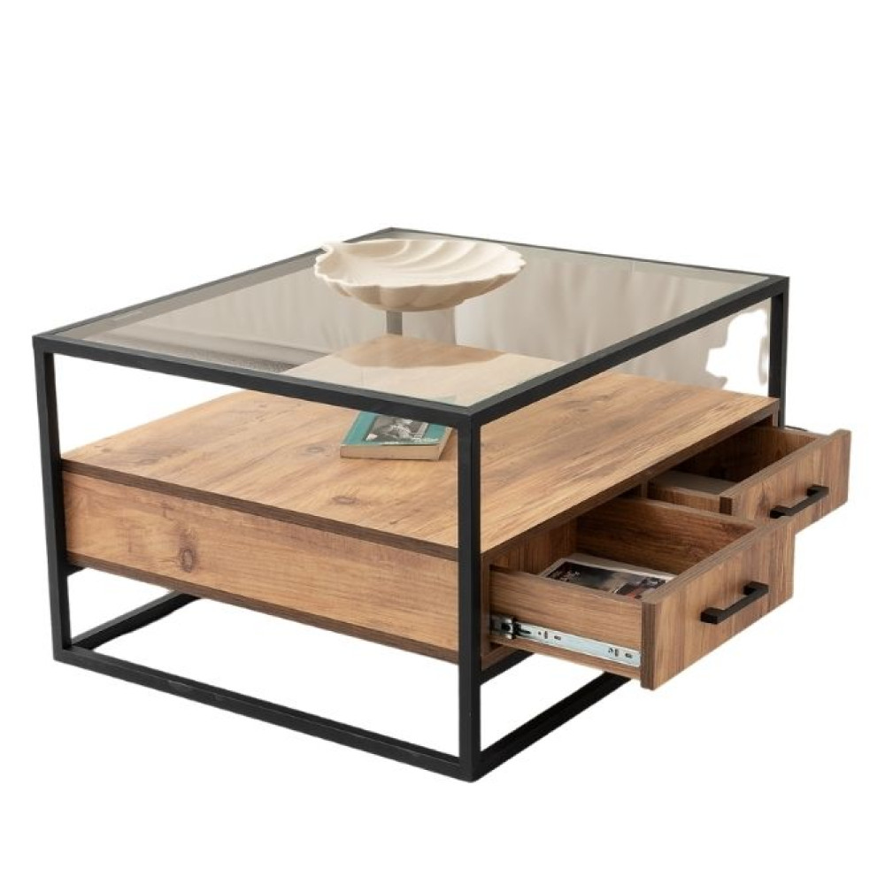 Tavolinë mesi SAG Patra – Xham / Drrasë / Strukturë e zezë Tavolinë mesi SAG Patra – Xham / Drrasë / Strukturë e zezë