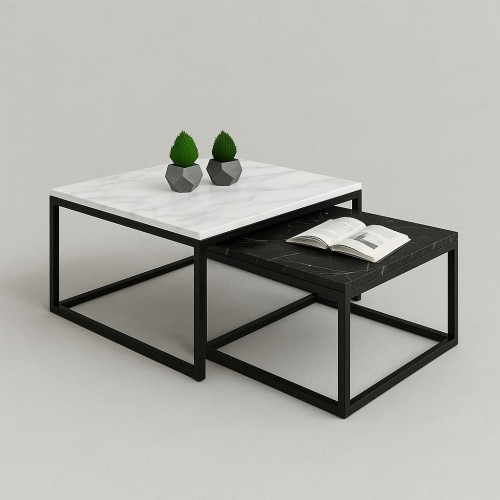 SAG Tavolina Dyshe – Drrasë Mermeri Bardhë & Zi, Strukturë Metalike